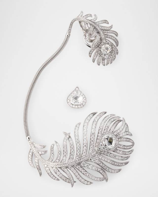 Plume de Paon 18K White Gold Diamond Asymmetrical Earrings